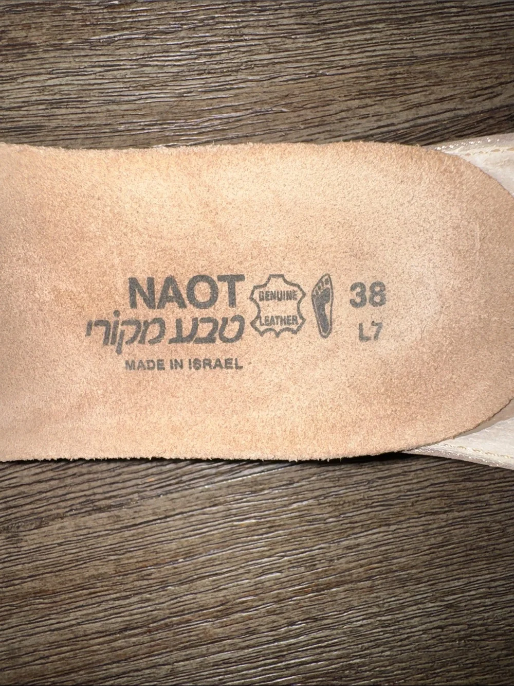 Naot Pixie Wedge Sandal Beige Lizard Silver Threads Rose Gold Leather